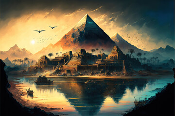 illustration of ancient magical fantasy egypt pyramid in the sunset, generative ai - obrazy, fototapety, plakaty