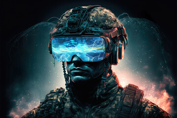 portrait of a futuristic soldier wearing a VR headset, modern future warfare, generative ai