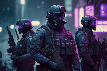futuristic swat soldier squad with mask in a cyberpunk city, generative ai