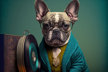 French bulldog in retro clothes listening to a vinyl record.