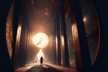 Time and space wanderer exploring a newly discovered hallway in a dimension very far, that has a spectacular view with cinematic moments
