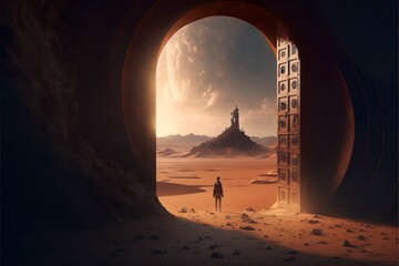 Time and space wanderer exploring a newly discovered planet in a dimension very far, that has a gigantic open door and spectacular view with cinematic moments