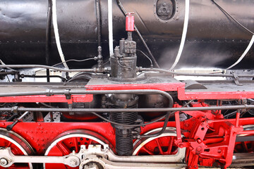 Fragment of vintage locomotive with steam powered in Kyiv, Ukraine