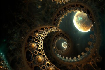 Magical fractal pattern circling endlessly into infinity, leading into a new dimension where planets are born