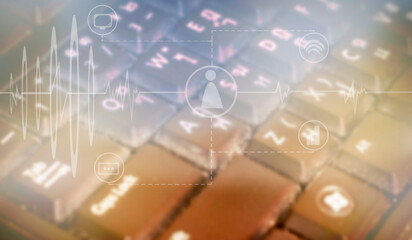 Close-up button icon for modern technology computing system using keyboard and computer for browsing social network doing business online.