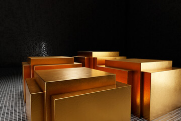 Gold leaf covered set of product advertisement stages on black mosaic tile floor. Multi-dimensional square blocks to present your luxury product on. Tilted.