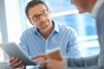 Planning, business people or tablet in office for invest strategy, finance growth or financial...