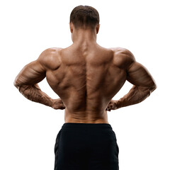 Handsome muscular male bodybuilder. Perfect muscular male body. Bodybuilder Back Lat Spread Pose...