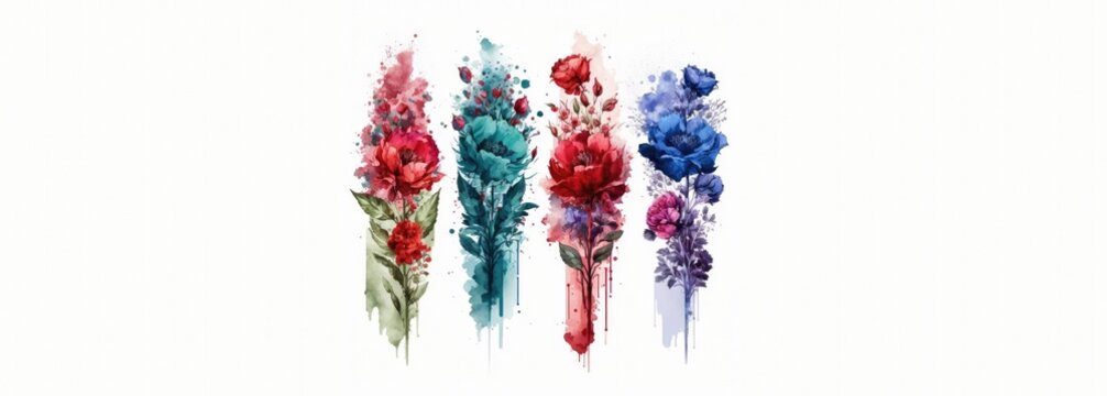 Vibrant Flowers in Dark Watercolor Splashes on white background, generative ai