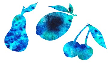 Set blue watercolor silhouettes fruit and berries on a white background