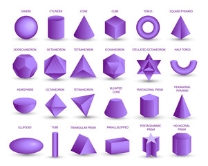 Vector realistic 3D purple geometric shapes isolated on white background. Maths geometrical figure form, realistic shapes model. Platon solid. Geometric shapes icons for education, business, design. - obrazy, fototapety, plakaty