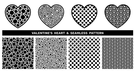 Heart with circle texture and seamless pattern set. Vector love icon for valentine decor. Flat vector illustration is perfect for sticker, romantic banner, valentine greeting card, gift certificate