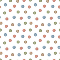 Watercolor vintage seamless pattern with varied set of multi-colored buttons isolated on white background. Hand drawn illustration sketch