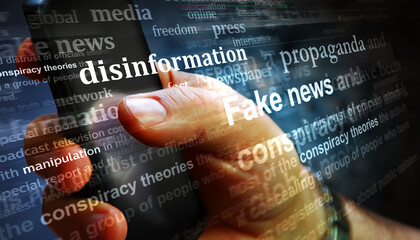 Fake news propaganda conspiracy theories disinformation manipulation news titles illustration - obrazy, fototapety, plakaty