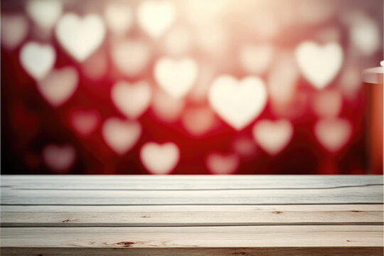 valentines day themed background with empty pastel color wooden table for product display, bokeh lights, copy space, hearts in the background, generative ai
