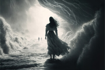 silhouette of a woman in long white dress fighting the storm and the waves, beautiful backlit scene, generative ai