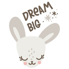 Vector illustration for a children's print. Sleeping Cute hare, rabbit . An inscription of big dreams. 