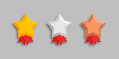 Reward star medal, golden, silver and bronze rank achivement. Award emblem, 3d star shape vector.