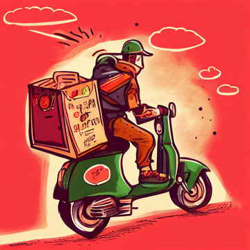 Courier on scooter brings delicious pizza for you..
