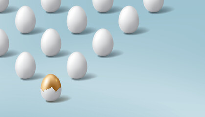 Golden egg with broken eggshell in front of white eggs on blue background. 