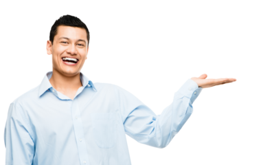 An asian businessman with an open palm with copyspace isolated on a PNG background.