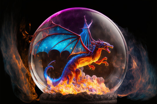 Dragon inside glass globe fantasy decoration realistic image generated technology AI