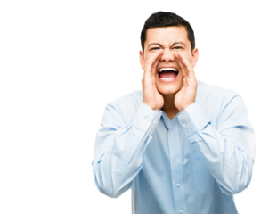 A young businessman shouting isolated on a PNG background.