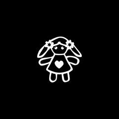 Doll hand drawn icon isolated on black background.