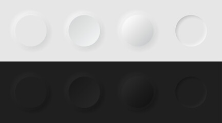 3D circle buttons in meumorphism style. Light and dark theme. Vector template.