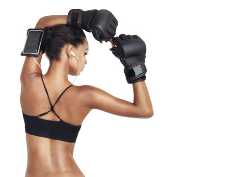 Sports music, studio boxer and black woman ready for exercise fitness, muscle challenge or competition mockup. Health, boxing workout and back of training girl isolated on mock up white background