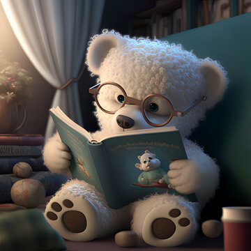 A cute teddy bear wearing glasses and reading a book-AI generated