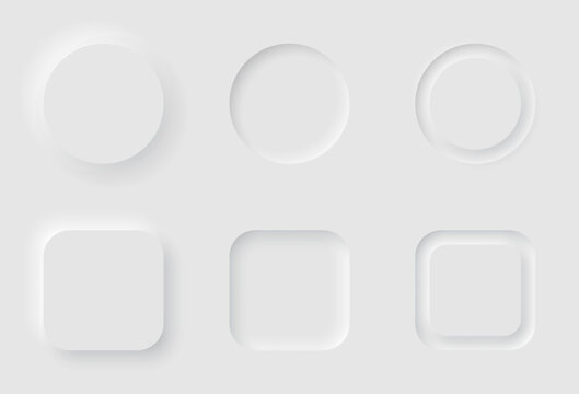 3D neumorphic shapes. Square and circle modern buttons vector template.