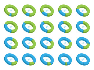 Pie chart vector 3D circle diagram infographic set. From 5% to 100%.