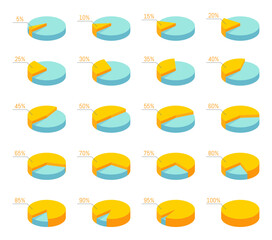 Pie chart vector 3D circle diagram infographic set. From 5% to 100%.