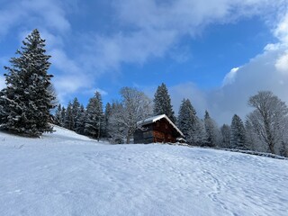 Old traditional swiss rural architecture and alpine livestock farms in the winter ambience over the Lake Walen or Lake Walenstadt (Walensee) and in the Swiss Alps, Amden - Switzerland / Schweiz