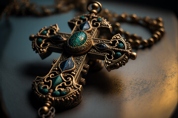 An illustration of a holy rosary up close. Generative AI