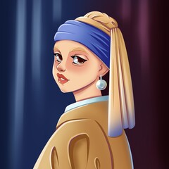 The girl with the pearl earring. Hand drawn cartoon character of beauty women in dress and turban. Inspired by Vermeer. 