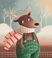 Christmas card with deer. Merry Christmas and Happy New Year. Cute animal illustrations, winter forest and cozy atmosphere for postcard. Cartoon deer in a cute sweater and scarf celebrating Christmas.