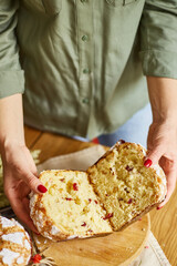 Happy Easter, Woman cut Easter cake for the holiday