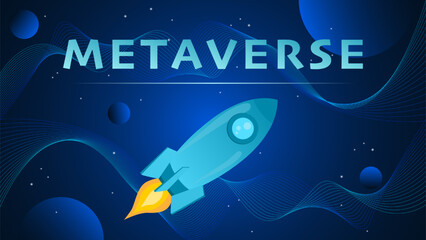 Banner design of the rise of Metaverse. Spaceship or rocket on cyberspace background.
