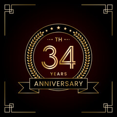 34th Anniversary Logo Design Concept with Laurel wreath for Birthday Celebration Event. Line Art Design, Logo Vector Template