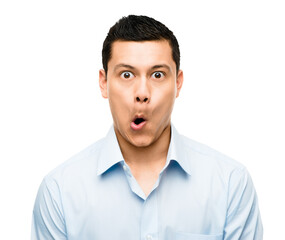 Obraz premium A young businessman making a silly face isolated on a PNG background.