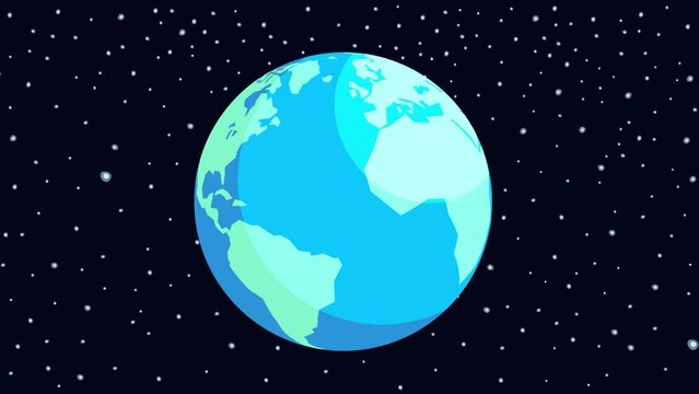 Earth cartoon animation. Doodle crazy pulsing globe. Looks like a fantastic ball. Fully hand drawn, dynamic, optionally isolated, with colour outlines, on dark blue background with pulsing stars. 