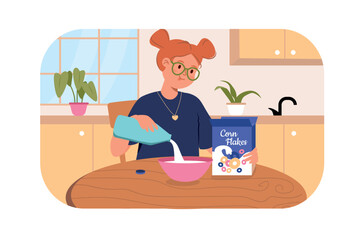 Children preparing breakfast concept with people scene in flat design. Teenager girl pouring milk into corn flakes bowl in kitchen at her home. Vector illustration with character situation for web