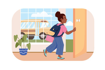 Children go to school bus concept with people scene in flat design. Teenager girl with backpack opens door and going to class by public transport. Vector illustration with character situation for web