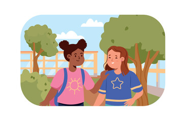 Children friends on school yard concept with people scene in flat design. Two happy schoolgirl talking and spend time together after lessons. Vector illustration with character situation for web
