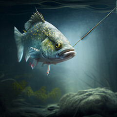 Fish underwater that pecked, swallowed fishing hook..