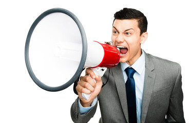 An asian businessman shouting into a megaphone isolated on a PNG background.