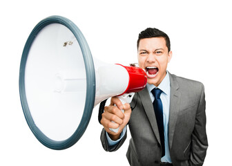 An asian businessman shouting into a megaphone isolated on a PNG background.