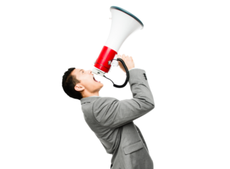 An asian businessman shouting into a megaphone isolated on a PNG background.
